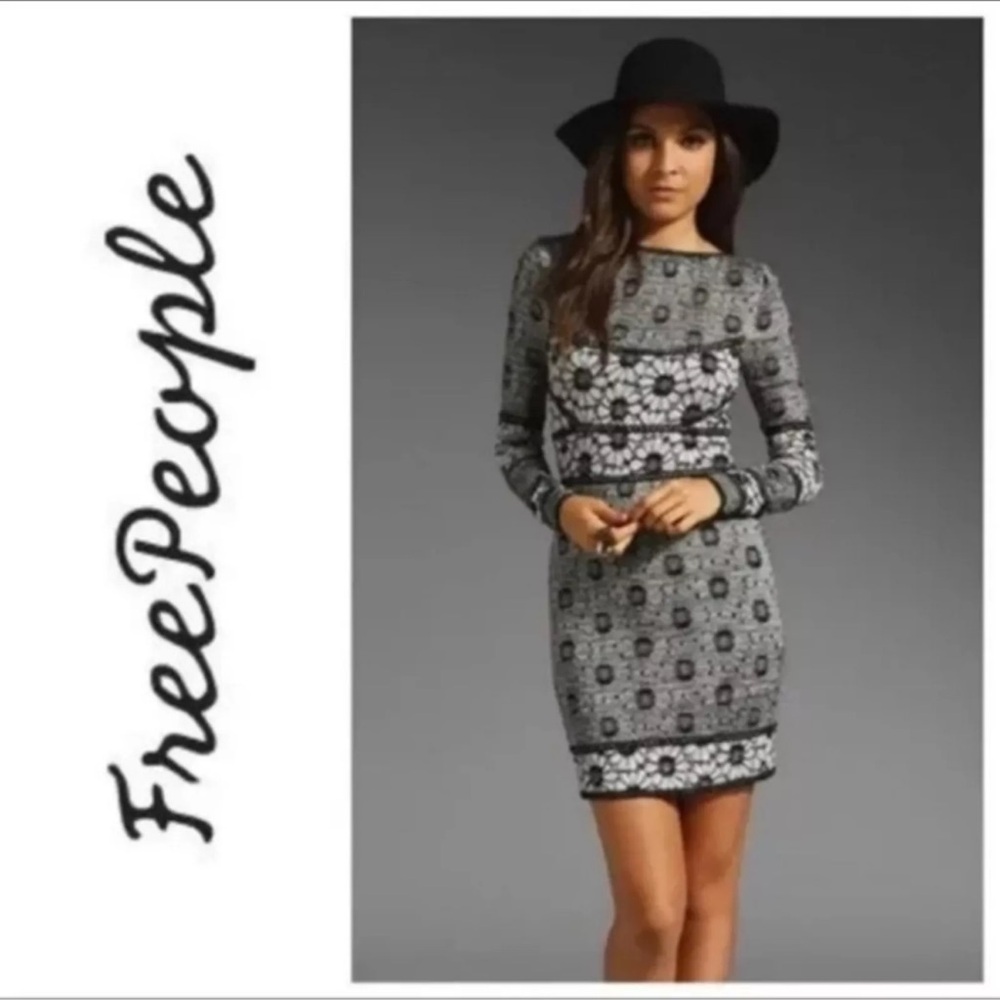 Free People Gray Black Patterned Long Sleeve Bodycon Dress